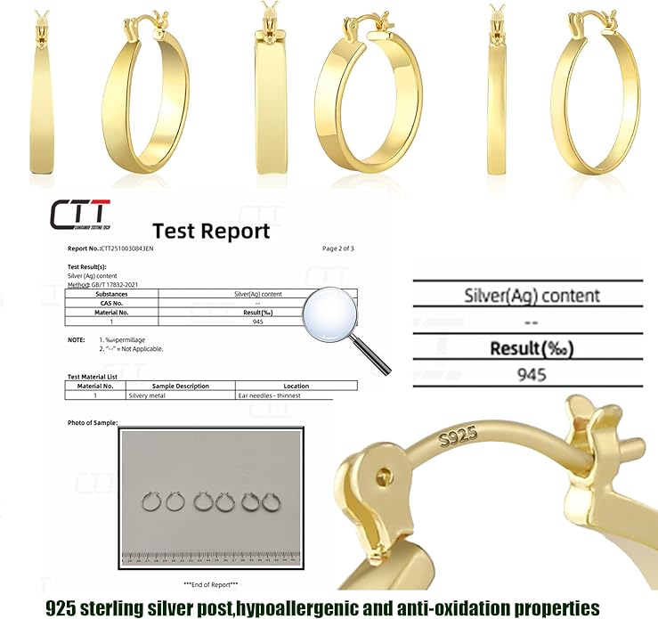 WGOUD 3 Pairs 925 Sterling Silver Post Hoop Earrings Hypoallergenic 14K Gold Plated Lightweight Hoop Earrings for Women Medium Silver Hoops Earring for Women 24/26mm