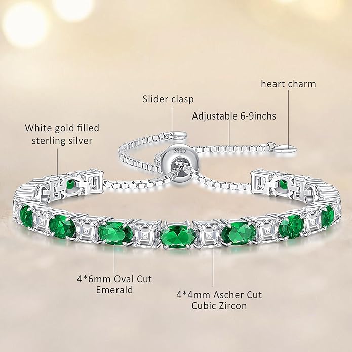 Sterling Silver Birthstone Bracelets for Women White Gold Tennis Bracelets Adjustable Chain 6-9 Inchs Jewelry Hypoallergenic Anniversary Birthday Gifts for Women Mom Wife Her