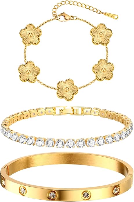 Womens Stackable Floral Gold Bracelets - 3Pcs 18K Gold Plated Bracelet,Stainless Steel Bangle Bracelets Non Tarnish, Gold Bracelet Set Trendy Jewelry,Christmas Valentines Birthday Gifts for Girlfriend