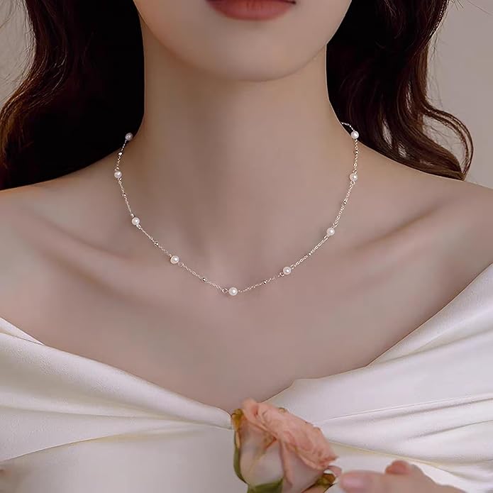 SmileBelle Pearl Necklaces for Women, Daisy Pearl Choker as Y Shaped Pearls Jewelry Gold Heart Necklace for Anniversary Birthday Gifts White Baroque Necklace as Wedding Jewelry