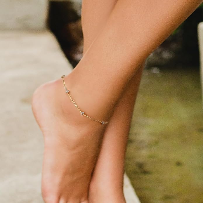 VSNPO 14K Gold Anklets for Women Gold Ankle Bracelets for Womens Clover and Three-Petal Flower Design with Cubic Zirconia Anklet Bracelet for Womens