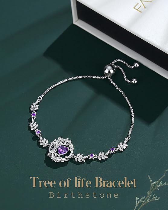 FANCIME Tree of life Birthstone Bracelet for Women Sterling Silver Tree Jewelry Birthstone Charm Bracelet Gemstone Anniversary Birthday Christmas Gifts for Wife Mom Her