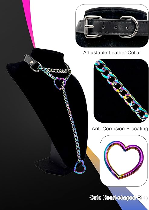 Black Leather Choker Collar For Women, Handmade Heart Slip Chain Choker Long Necklace with Adjustable Buckle
