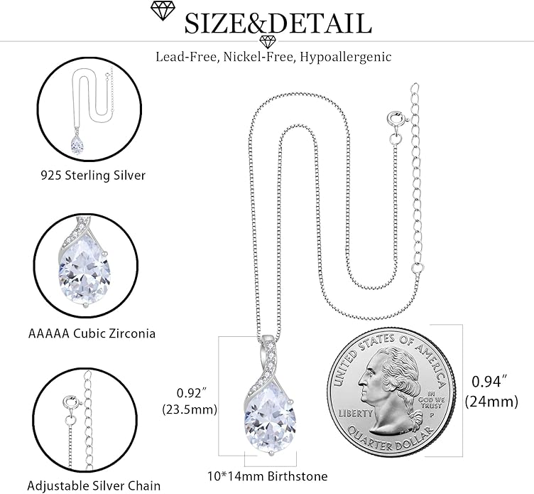 April Birthstone Earrings and Necklace Set 925 Sterling Silver Hypoallergenic Jewelry Set for Women Her