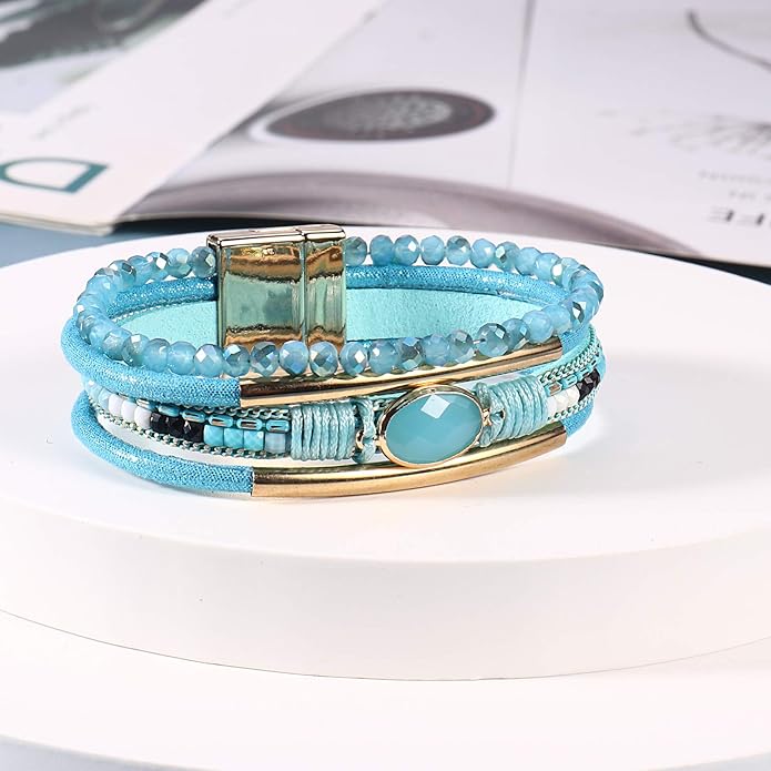 FANCY SHINY Leather Wrap Bracelets Crystal Beads Bracelet Boho Cuff Stone Charm Bracelets with Clasp Costume Jewelry for Women