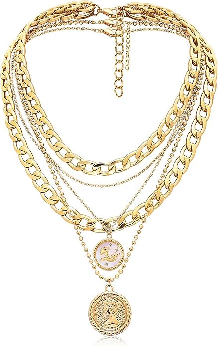MJartoria Layered Necklaces for Women Trendy Retro Coin Pendant Necklace Dainty Chunky Chain Choker Necklaces for Jewelry Birthday Gifts