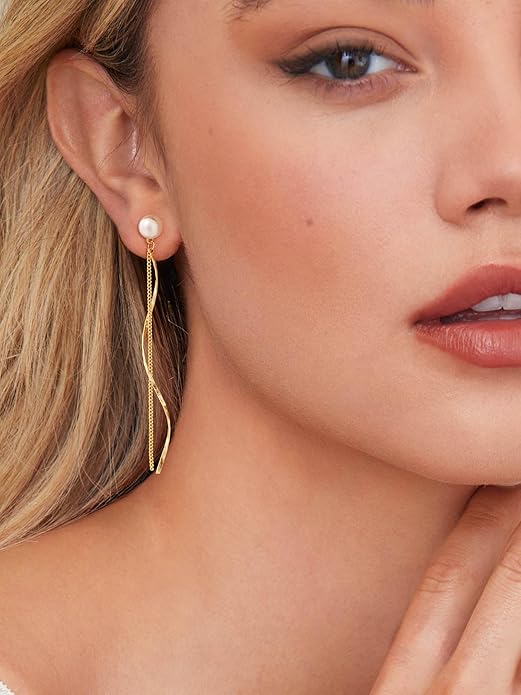 Moodear Dangle Earrings 14K Gold Plated Chain Earrings for Women Trendy Dainty Hypoallergenic Long Chain Drop Tassel CZ/Pearl Earrings Wedding Jewelry Gift