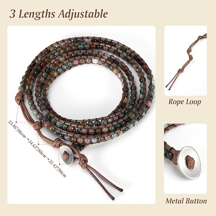 Emibele Layered Leather Bracelet, Rivet Leopard Print Bohemian Style Multilayer Wrap Bracelet, Handmade Agate Amethyst Chakra Crystal Glass Beaded Shell Bracelet for Women