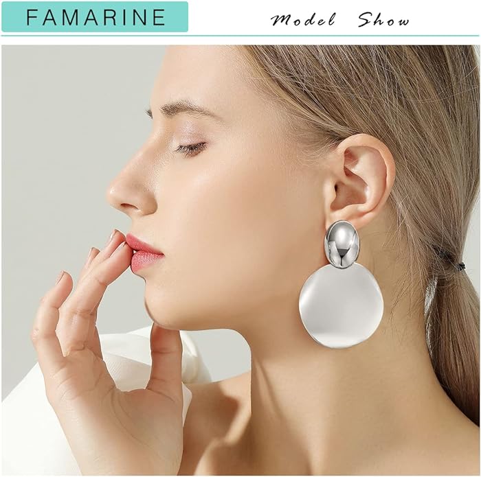 FAMARINE Big Disc Drop Earrings Gold Dangle Earrings Round Hammered Earrings Women