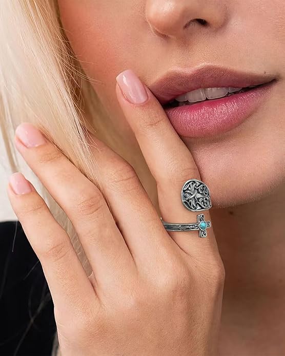 S925-Sterling-Silver Abalone Dragonfly-Turquoise Spoon Ring - Vintage Boho Sunflower Thumb Oxidized Wrap Rings Victorian Style Antique Floral Jewelry Gifts for Women