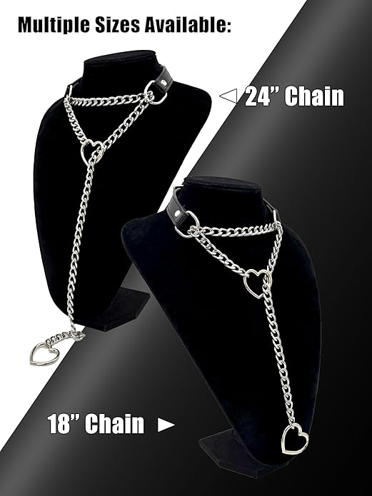Black Leather Choker Collar For Women, Handmade Heart Slip Chain Choker Long Necklace with Adjustable Buckle