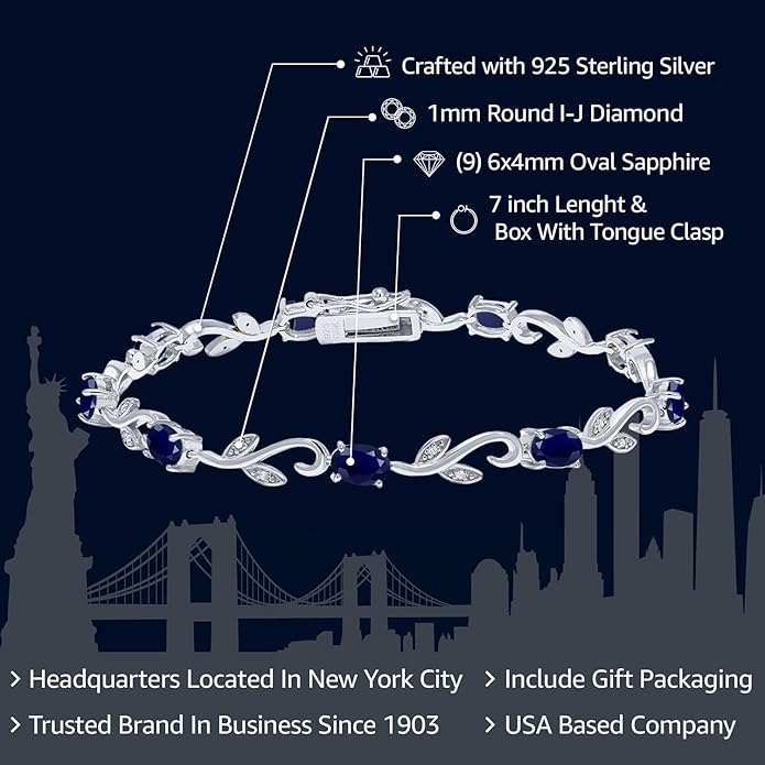 Gem Stone King 925 Sterling Silver Blue Sapphire and White Diamond Oval Tennis Bracelet | Greek Vine Bracelet for Women | 5.12 Cttw | Oval 6X4MM | Gemstone Birthstone | 7 Inch