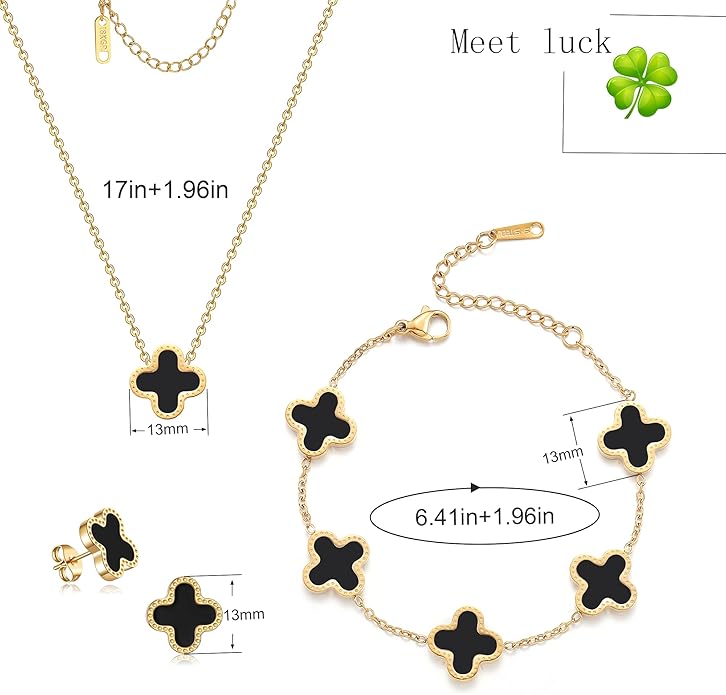 Lucky Clover Sets, 18K Gold Plated Four Leaf Bracelet, Necklace Pendant, Earrings for Women Flower Link Bracelets Set Jewelry Gifts for Women