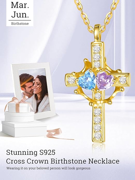 Zeuslia Double Birthstone Necklace Gifts for Wife - 925 Sterling Silver Sunflower/Rose/Crown Cross/Compass/Heart Pendant I Love You Necklace, Anniversary Birthday Gifts for Wife Girlfriend Mom Her