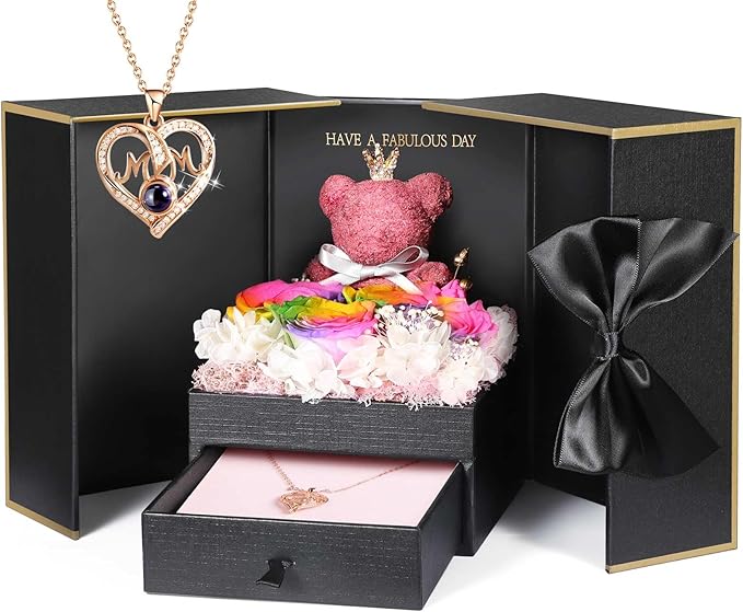 ADDWel Gifts for Mom from Daughter and Son, Unique Mother Birthday Gift Idea, Preserved Real Roses with I Love You in 100 Languages Mom Necklace, Cool Present to Mother Mama