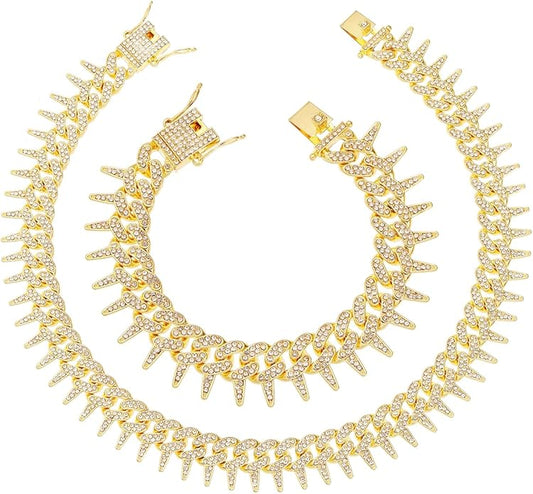 HH BLING EMPIRE Mens Gold Silver Plated Spike Cuban Link Chain Necklace and Bracelet Sets, Chunky Iced Out Diamond Miami Cuban Link Chains Hip Hop Jewelry
