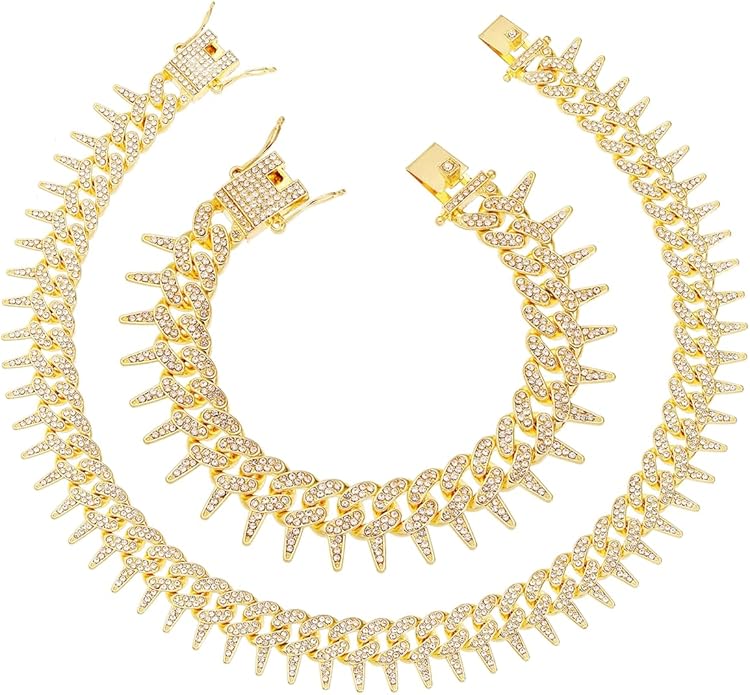 HH BLING EMPIRE Mens Gold Silver Plated Spike Cuban Link Chain Necklace and Bracelet Sets, Chunky Iced Out Diamond Miami Cuban Link Chains Hip Hop Jewelry