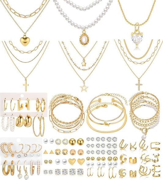 CONGYING 120PCS Gold Jewelry Sets For Women, With 7 Necklace,12 Bracelet,30pcs Hoop Earring,59pcs stud earrings and 12pcs cuff Ear Earrings Friendship for Happy Gifts