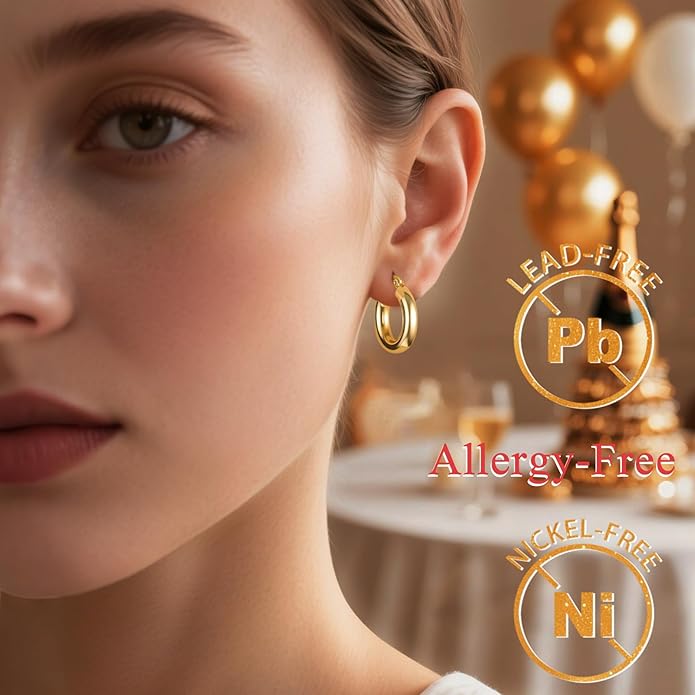 Hoop Earrings for Women, 18K Gold Plated Hoops Earrings, Hypoallergenic Lightweight Comfort Hollow Tube Hoops with Secure Push Lock, Chunky and Sleek Gold Hoops Large Earrings 20/30/40/50/60MM
