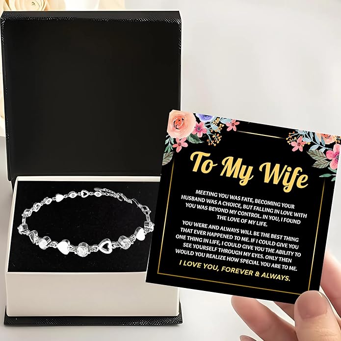 To My Wife Crystal Heart Bracelet Gift From Husband, Beautiful Wife Jewelry For Anniversary, Birthday, Christmas, Valentine’s Day, Bracelet For Her With Heartfelt Message & Elegant Box