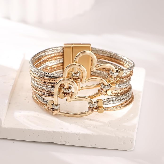 Fesciory Leather Wrap Bracelets for Women, Boho Leopard Multi-Layer Crystal Beads Cuff Bracelet Jewelry