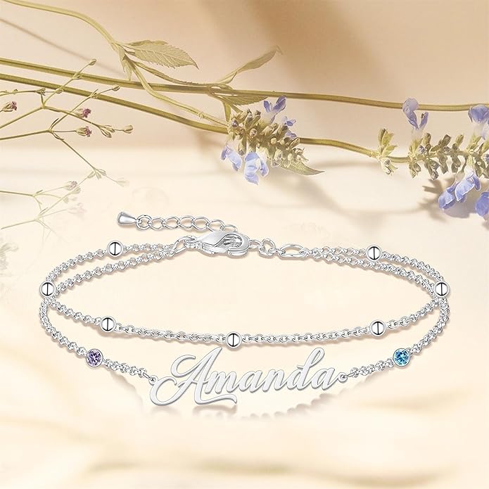 LucySky Custom Bracelets with 2 Names for Women, 925 Sterling Silver Adjustable Personalized Name Anklet, Custom Bracelets Summer Beach Jewelry Dainty Gifts for Wife, Sister, Friends