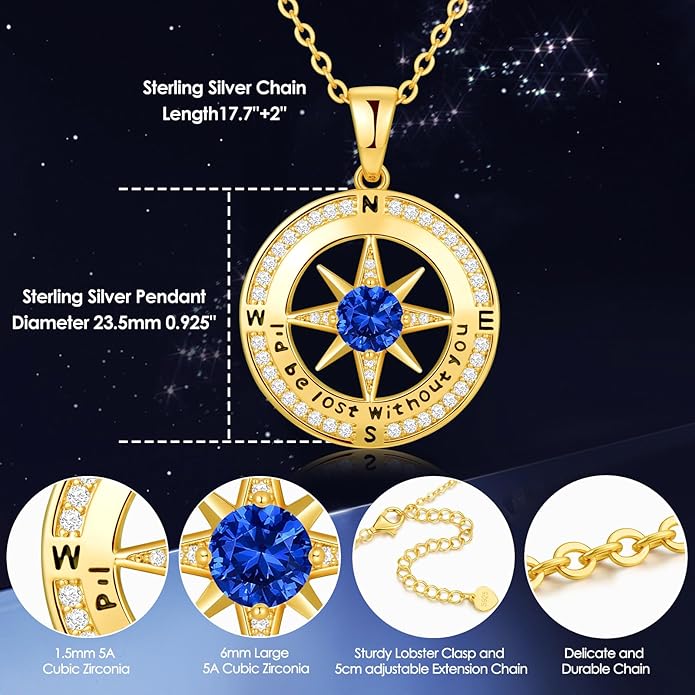 Zifeel Compass Necklace Gifts for Women wife - S925 Sterling Silver Birthstone Necklaces for Women - Anniversary Birthday Gifts for Her Wife Girlfriend - Valentines Mom Mothers Day Christmas Gifts Jewelry for Women