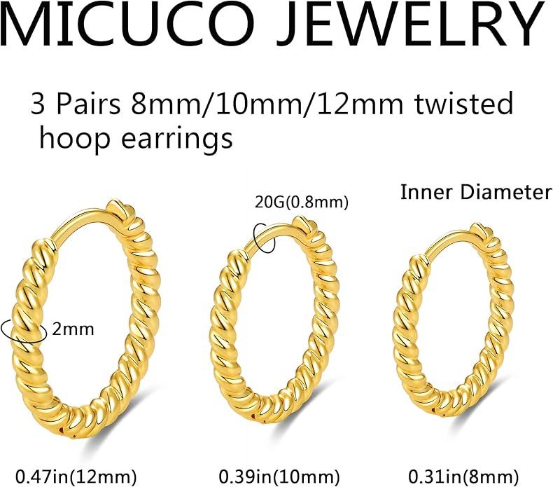 micuco 3 Pairs Small Hoop Earrings Set for Women, 14K Gold Plated Huggie Hoop Earrings for Men, Tiny Cartilage Hypoallergenic Earring Set