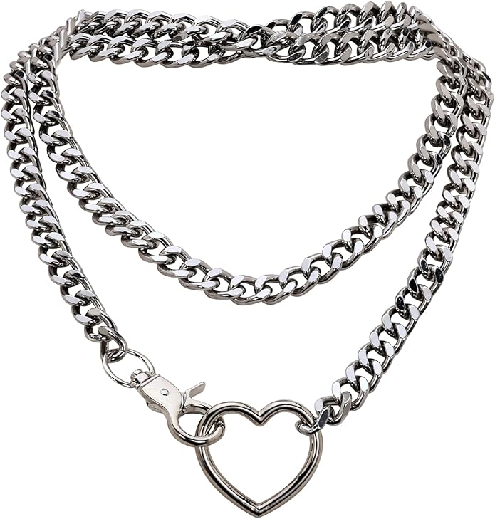 Chunky Gold Choker Necklaces for Women, Long Gold Chain Heart Necklace, 36 Inches Slip Chain Adjustable Lariat Heart Y Necklace for Women and Men, Goth Chunky Heart Necklace Jewlery Gifts