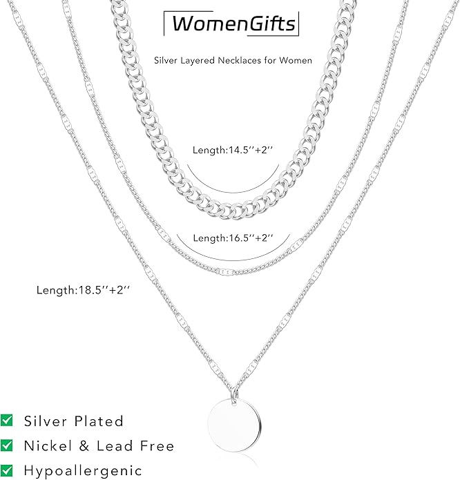 WomenGifts Layered Gold Necklaces for Women, 14K Gold Sterling Silver Plated Dainty Pendant Necklace Set with Cubic Zirconia Circle, Chunky Stackable Cuban Chain Choker, Trendy Personalized Birthstone Jewelry Gift Non Tarnish