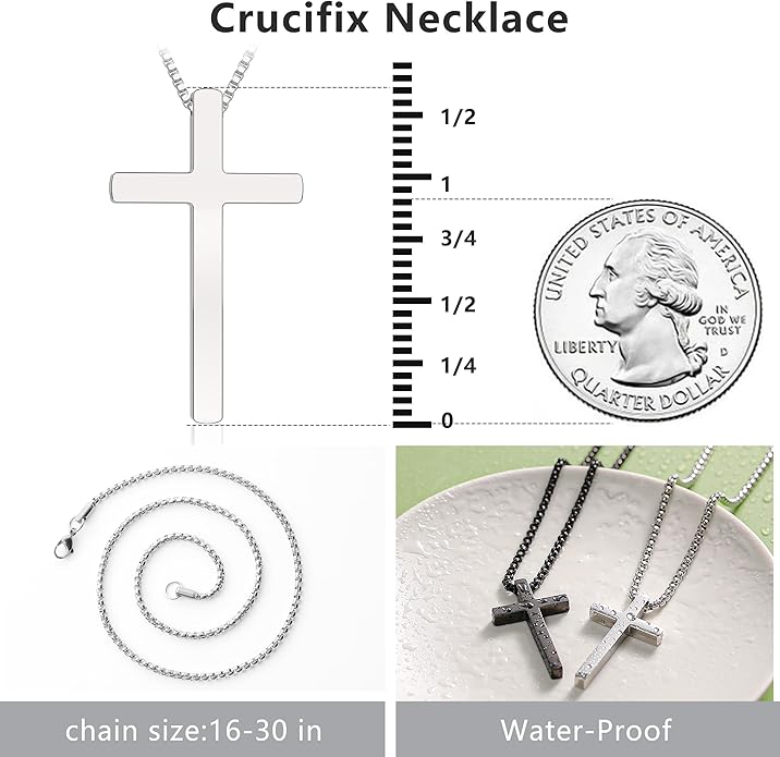 Romass 2 Pcs Cross Necklace for Men Boys,Stainless Steel Pendant Silver Black Gold Crosses Chain Jewelry Gifts Box 16-30 inches