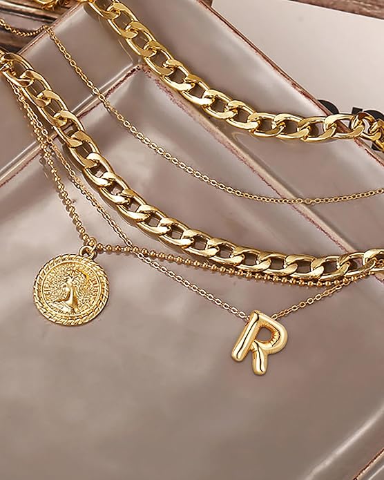 MJartoria Layered Necklaces for Women Trendy Balloon Initial Coin Pendant Necklace Dainty Chunky Chain Choker Necklaces Jewelry Birthday Gifts