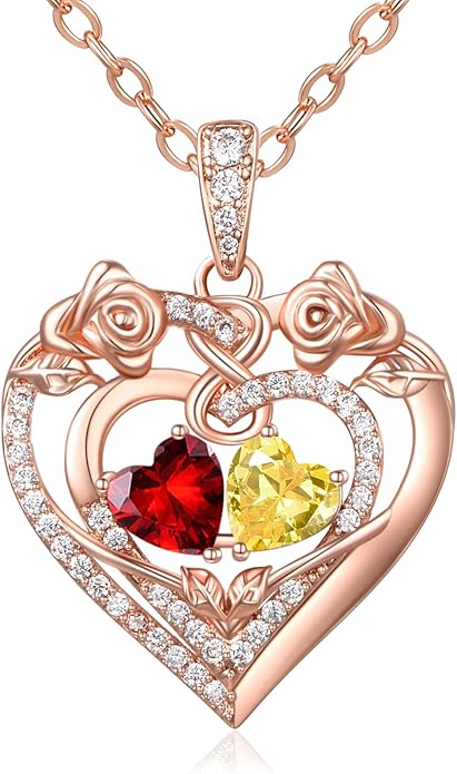 JIYVY32 Rose Heart Necklace for Women Exquisite 925 Sterling Silver Anniversary Birthday Gifts for Wife Mom Her Double Birthstone Pendant Jewelry