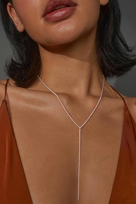Gold and Silver Plated Layered Long Necklace for Women, Statement Y Body Chain, Sexy Dangle Drop Beach Boho Bolo Cleavage Necklace for Vacation or Prom