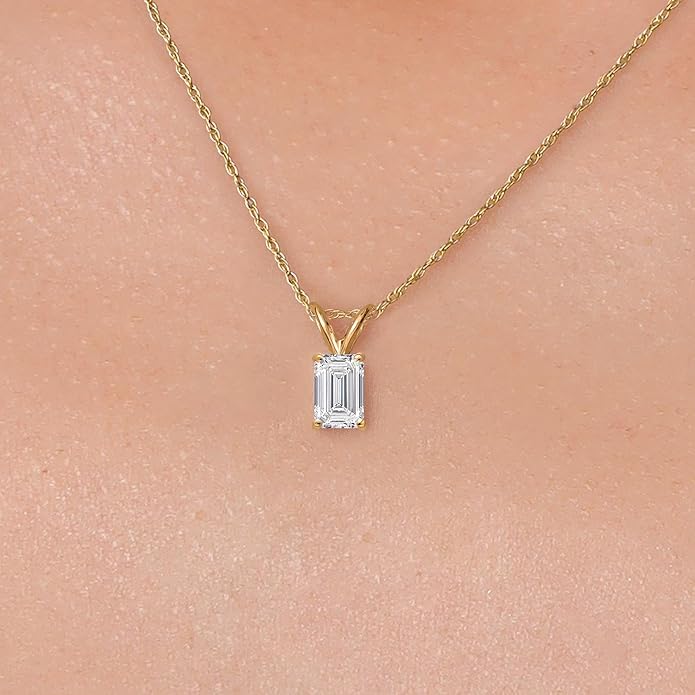 Gem Stone King 1 to 5 Carat 14K Gold IGI Certified Lab Grown Diamond Pendant Necklace For Women | Emerald Cut | E-F Color | VS1-VS2 Clarity | With 18 Inch Gold Chain