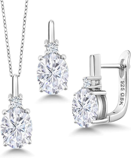 Gemstone Birthstone and White Created Sapphire Pendant and Earrings Jewelry Set for Women in 925 Sterling Silver | Oval 8X6MM and Round 2.5MM | With 18 Inch Chain | Fine Jewelry for Her Mom Women Wife