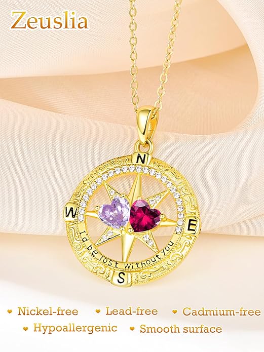 Zeuslia Double Birthstone Necklace Gifts for Wife - 925 Sterling Silver Sunflower/Rose/Crown Cross/Compass/Heart Pendant I Love You Necklace, Anniversary Birthday Gifts for Wife Girlfriend Mom Her