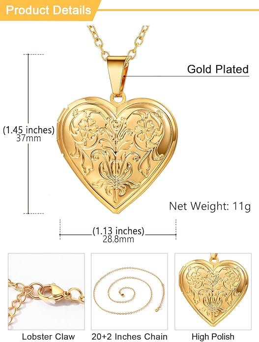 U7 Women Locket Necklace Platinum 14K Gold Photo Lockets that Hold Picture,Chain 20 Inch Personalized Gift Custom Love Heart Image Necklaces