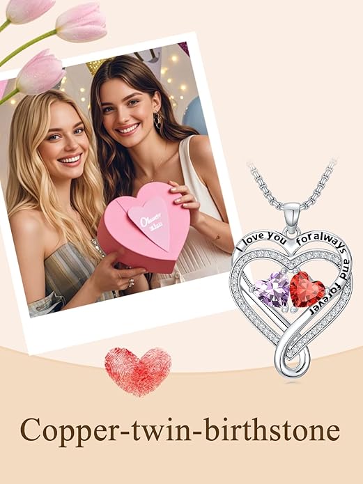 I Love You for Awlays and Forever Double Heart Necklace with Birthstone, 2 Birth Stone Jewelry Anniversary Valentines Mothers Day Christmas Birthday Gifts for Women Her Wife Girlfriend Mom Mother