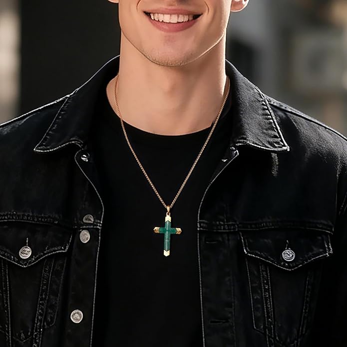 GTMJ Cross Necklace for Men -Stainless Steel & Gemstone Adjustable Box Chain 24-26in, Spiritual Jewelry Gift for Him, Everyday Wear