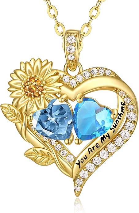 Sunflower Heart Necklace for Women 14K Gold Exquisite Anniversary Birthday Gifts for Wife Mother Her Double Birthstone Pendant jewelry‘You Are My Sunshine’