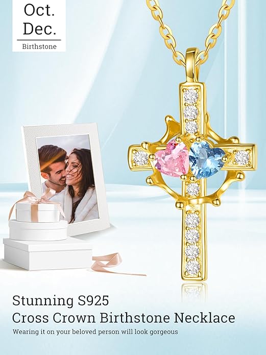 Zeuslia Double Birthstone Necklace Gifts for Wife - 925 Sterling Silver Sunflower/Rose/Crown Cross/Compass/Heart Pendant I Love You Necklace, Anniversary Birthday Gifts for Wife Girlfriend Mom Her