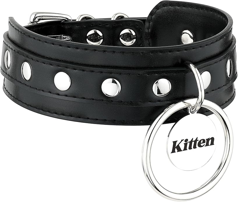 Black O-ring Leather Choker Collar for Women, Gothic Punk Style Adjustable Choker Necklace with Rivets and Engraved Letters Steel Tag