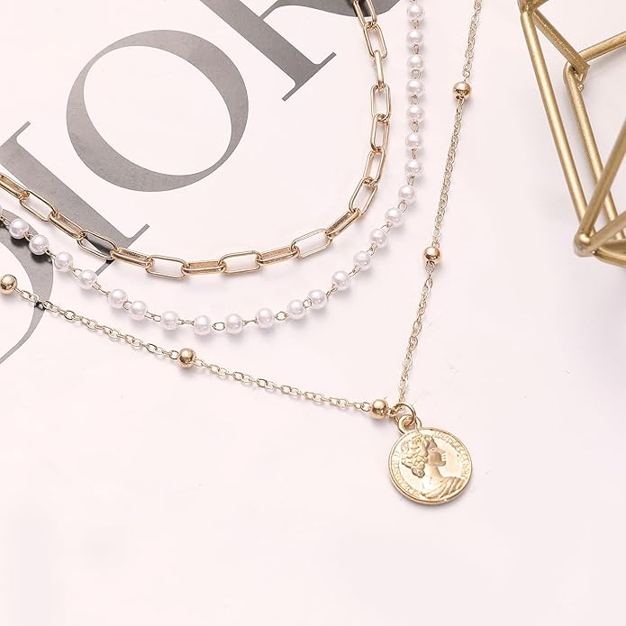 Layered Round Pendant Necklace Gold Plated Dainty Multilayer Choker Layering for Women Necklaces Stylish Minimalist Pendants Simple Chain Stacked Necklace Jewelry Gifts