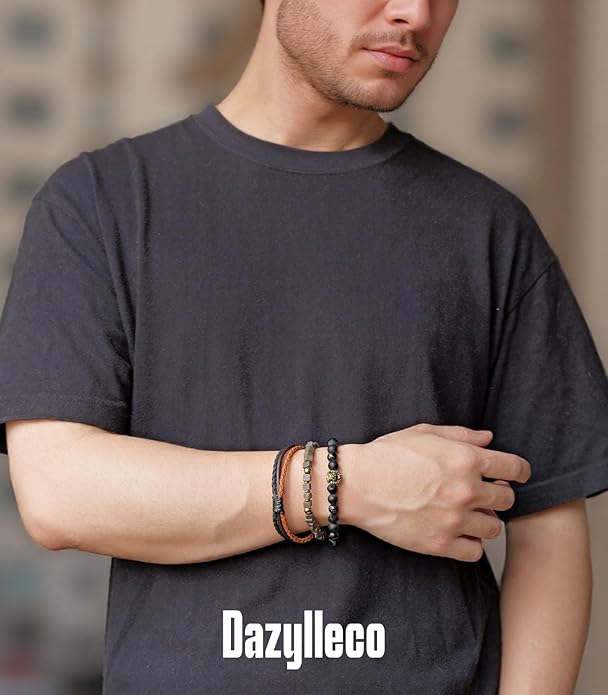 3pc Mens Beaded Bracelets Silver Stainless Steel Chain Bracelet for Men Handmade Braided Bracelet Sets Jewelry Gifts for Men