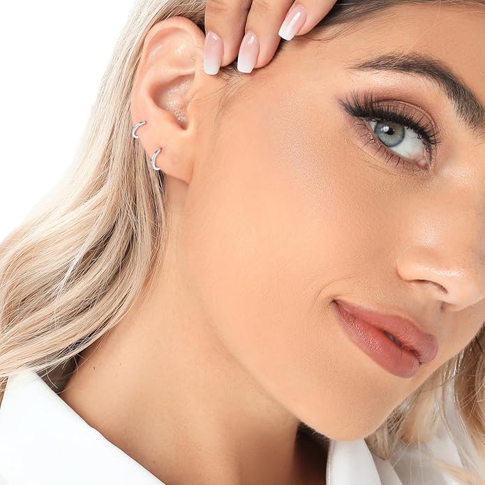 3 Pairs 925 Sterling Silver Hoop Earrings 14K White Gold Plated Small Silver Hoops Cartilage Huggie Earrings for Women Men