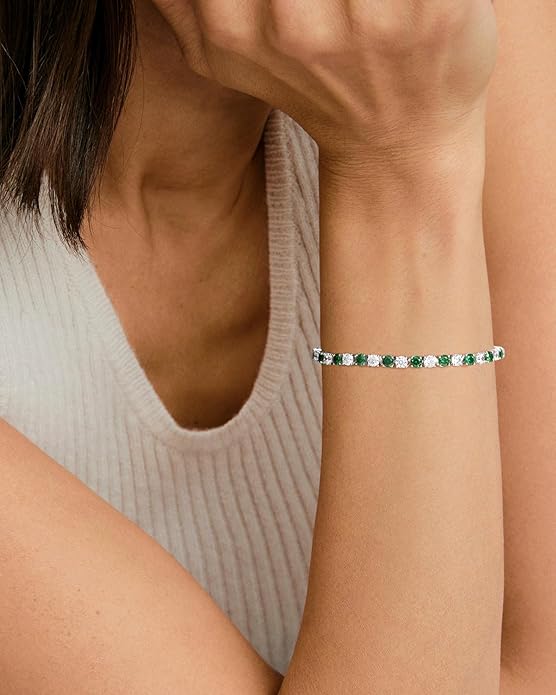 18K White Gold Plated Birthstone Tennis Bracelet for Women, Hypoallergenic 925 Sterling Silver with 5A Cubic Zirconia, Dainty Jewelry Anniversary Birthday Gifts for Her