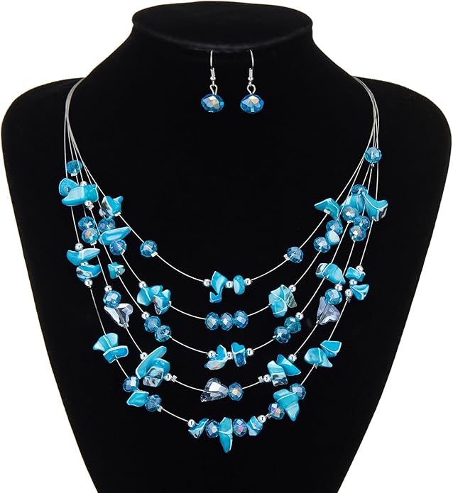 Multi-Layer Boho Shell Beaded Necklace for Women Colorful Crystal Strand with Silver Beads Statement Collars Necklace and Earrings Costumes Jewelry Sets for Women