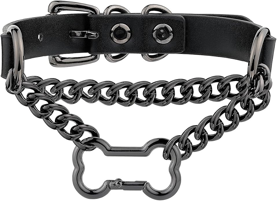 Black/Pink Leather Choker Collar For Women, Handmade Gothic Slip Chain Necklace with Bone Clasp