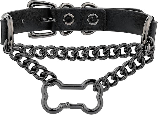 Black/Pink Leather Choker Collar For Women, Handmade Gothic Slip Chain Necklace with Bone Clasp